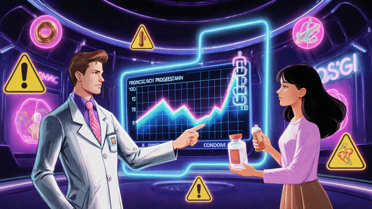 A retro-futuristic clinic with a hologram showing plummeting hormone levels and a glowing copper IUD beside a patient.