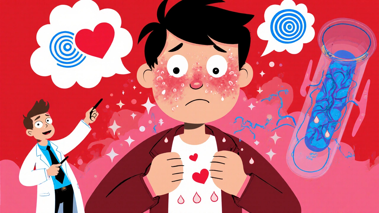 Cartoon figure showing flushing, headache, dizziness with heart and artery visuals.