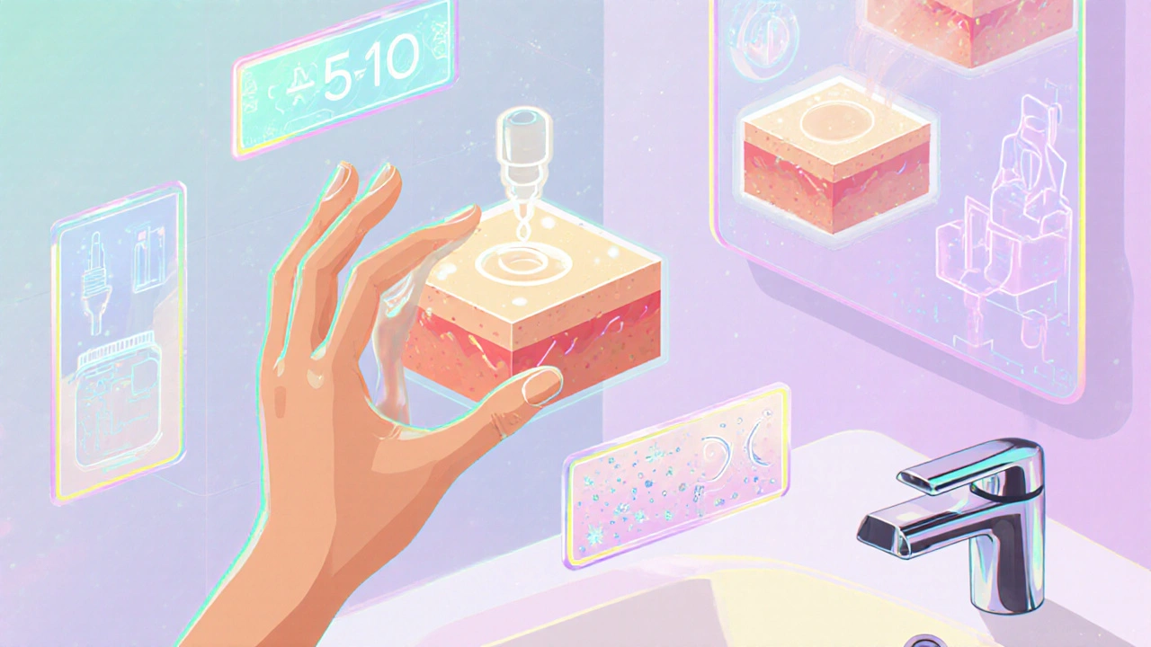 Cartoon hand layering azelaic acid, niacinamide, hyaluronic acid, and moisturizer with futuristic UI timers.