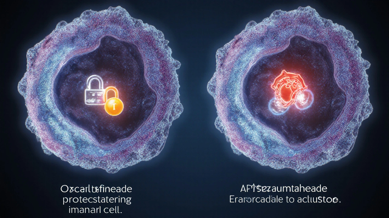 Cell illustration showing Flutamide and Enzalutamide blocking androgen receptors.