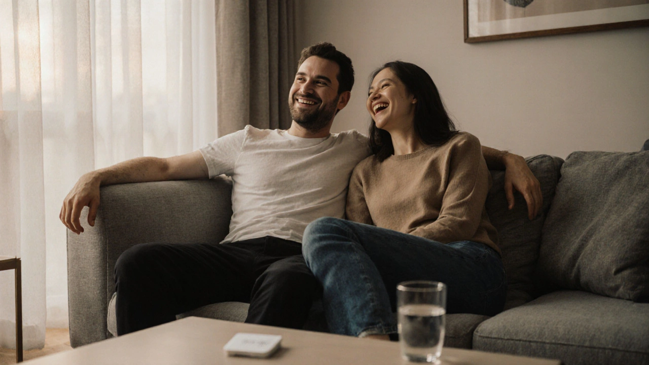 Couple smiling on a couch with a Silagra tablet on the coffee table, suggesting successful use.