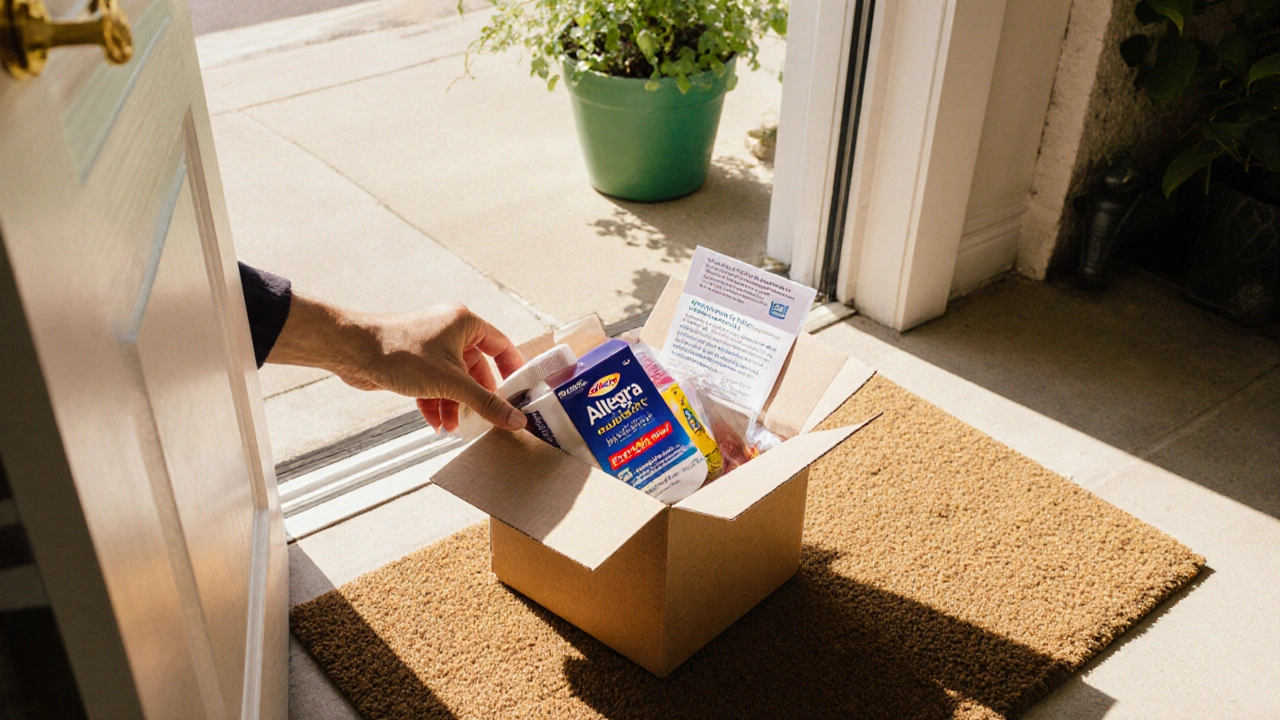 Delivery box at a doorstep with generic Allegra medication visible.