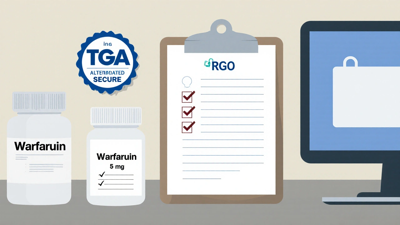 Desk setup showing a prescription, sealed warfarin bottle, and safety checklist.