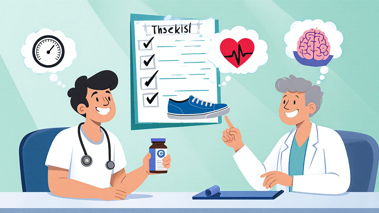 Doctor and patient reviewing checklist of blood pressure, anxiety, exercise, and meditation.