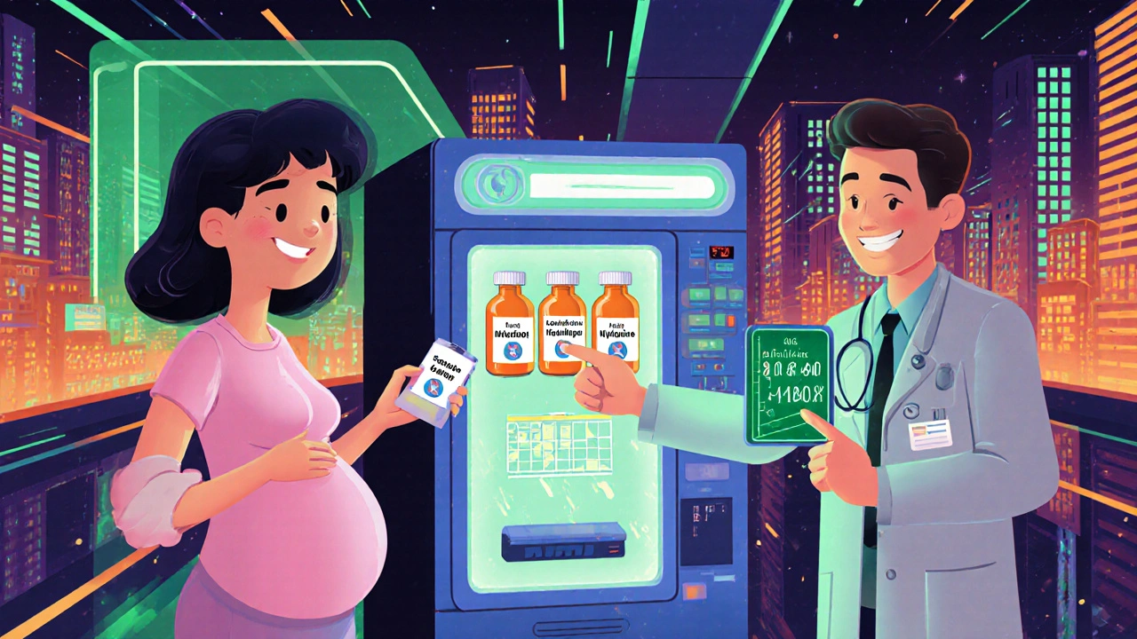 Doctor handing labetalol, methyldopa, and nifedipine pills to a smiling pregnant patient in a colorful retro‑future pharmacy.
