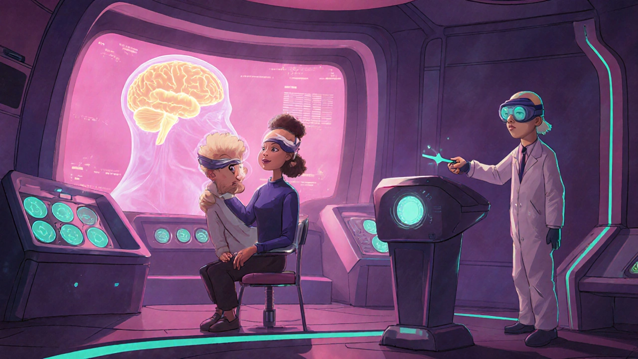 Elderly participants in futuristic lab viewing holographic brain showing hippocampus improvement.