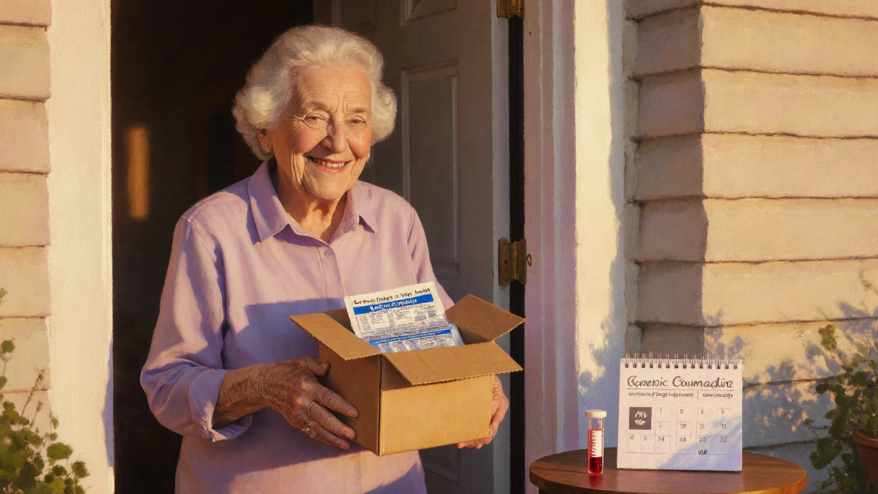 Elderly woman opening a parcel of generic Coumadin with INR monitoring items nearby.
