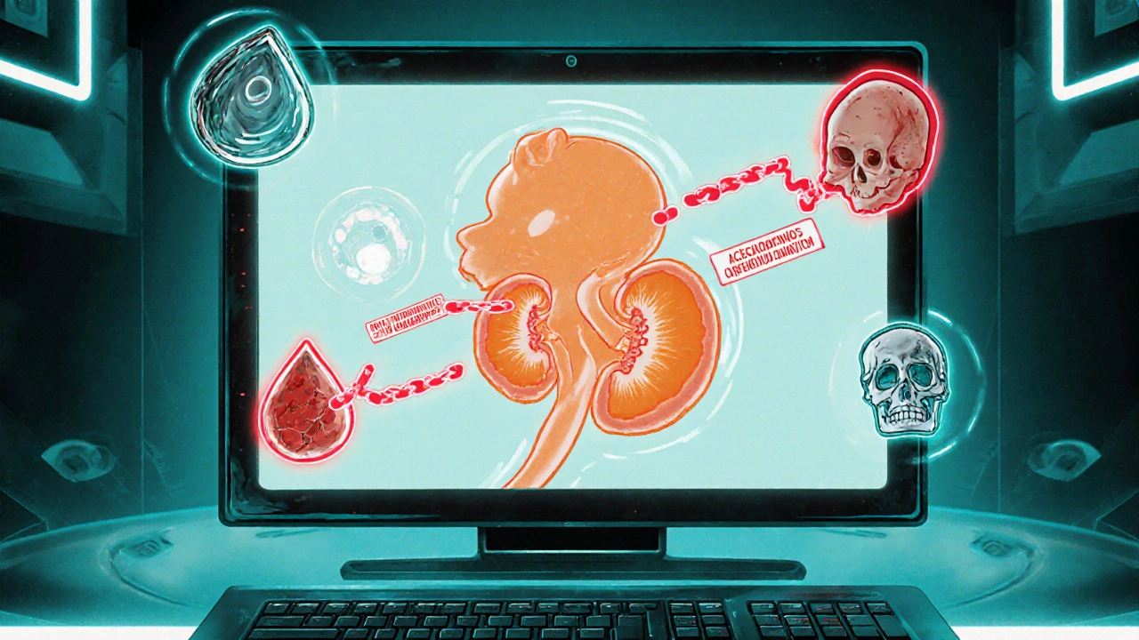 Fetal kidneys highlighted with red warning symbols as ACE inhibitor and ARB effects block development in a futuristic ultrasound scene.