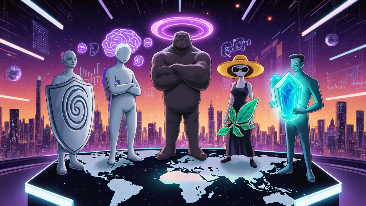 Five drug characters personified on a futuristic podium with a world map background.