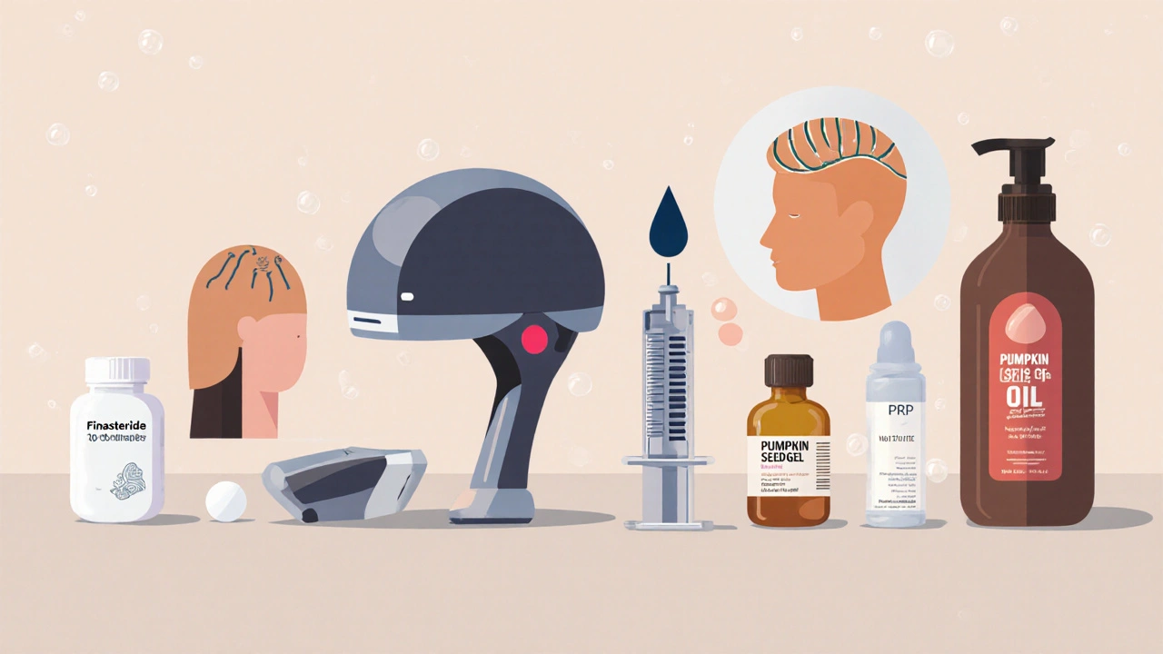 Flat illustration of various hair‑loss treatments arranged on a table.