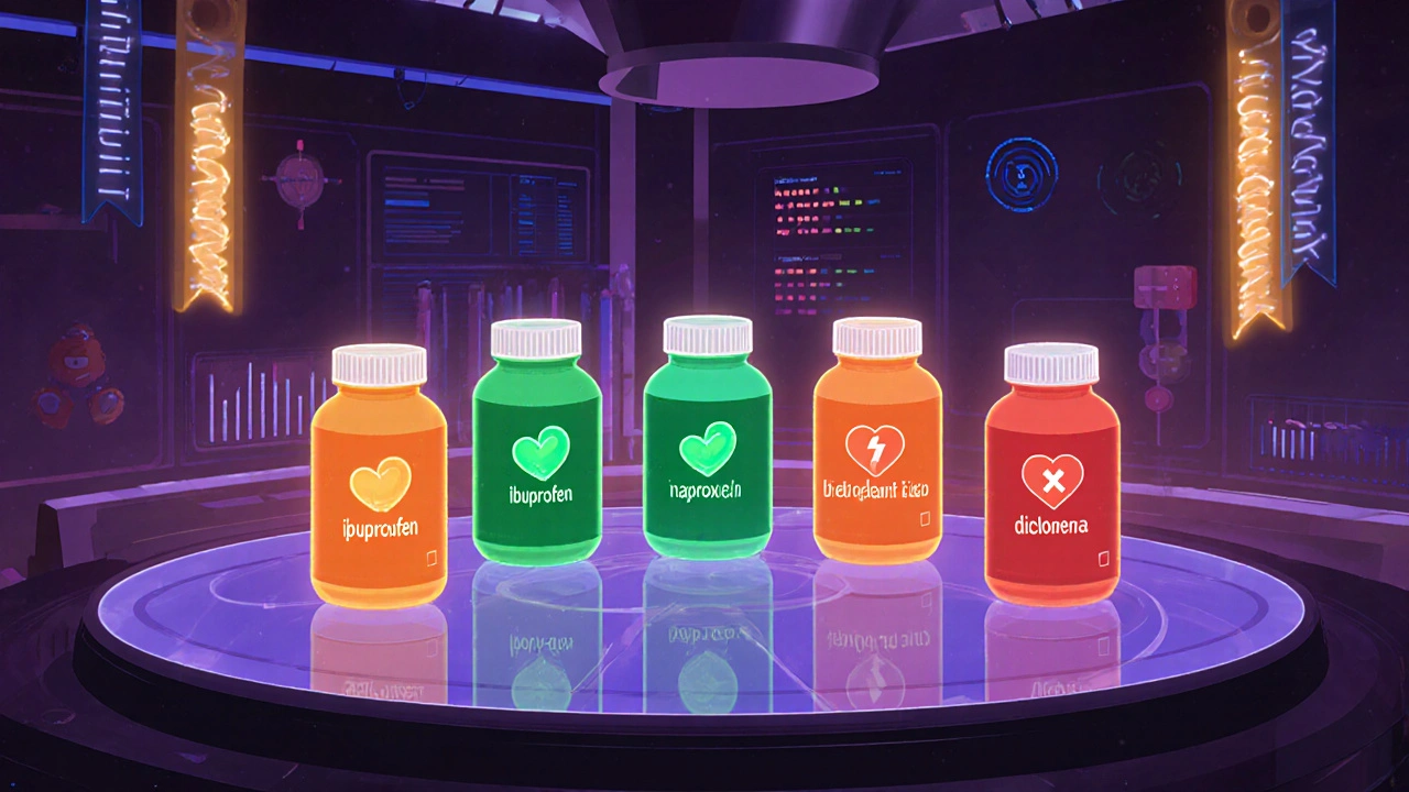 Floating holographic table showing six colorful NSAID bottles with risk icons and light bars for half‑life.