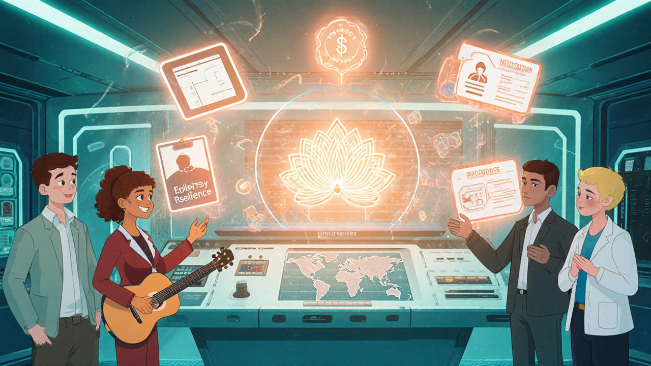 Futuristic cartoon dashboard showing tips for epilepsy resilience like diary and support network.