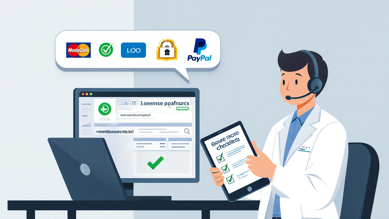 Home office view of a laptop showing a verified pharmacy site and a pharmacist with security icons.