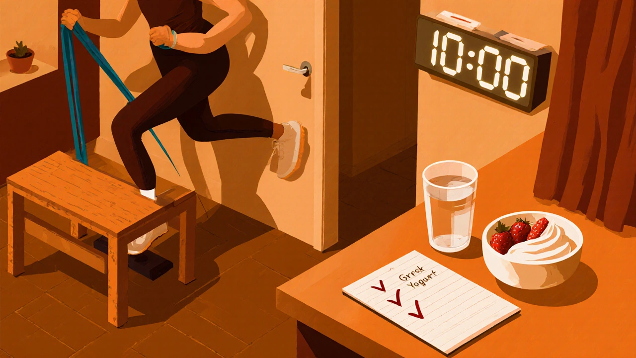 Home workout with squats, resistance band, water bottle, and snack, symbolizing a daily anti‑inflammation routine.