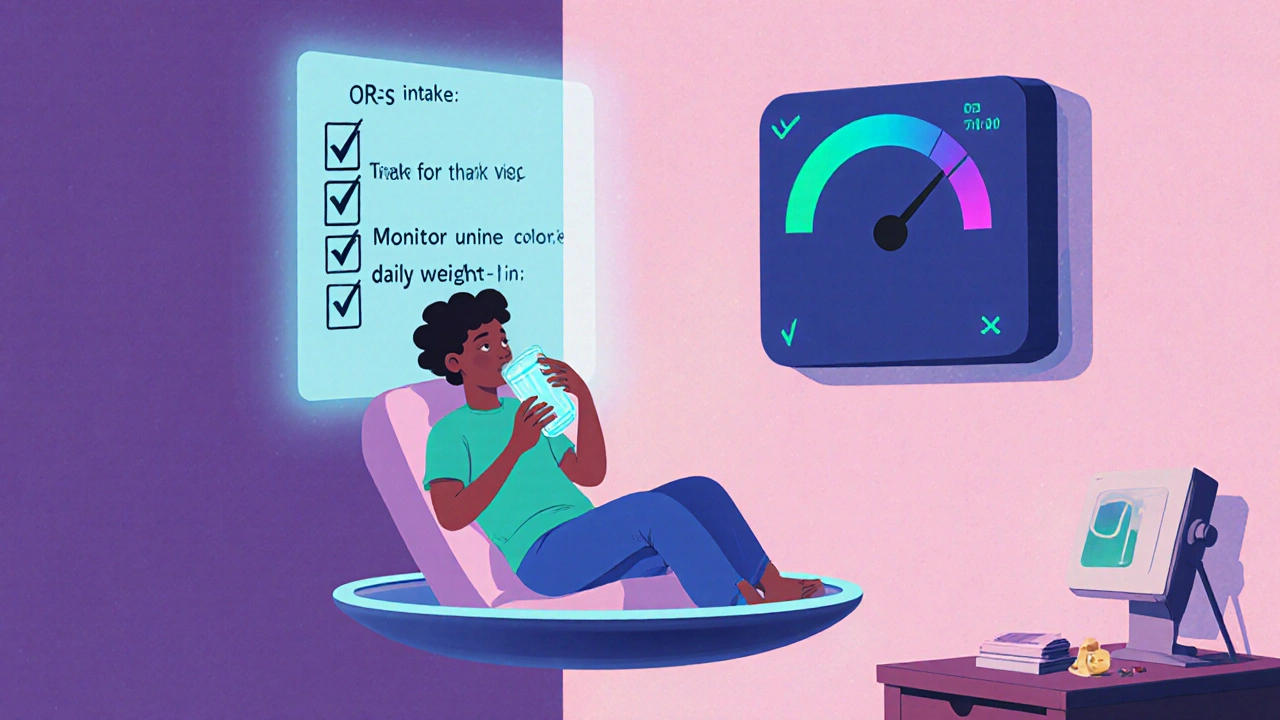 Hover‑chair patient sipping ORS while holographic checklist icons and fluid gauge glow in the background.