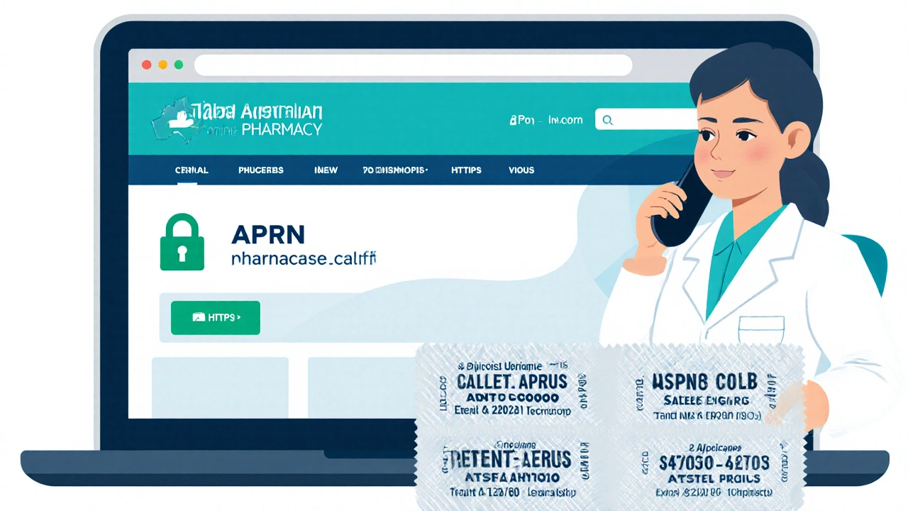 Illustration of a laptop showing a pharmacy site with APRN number, padlock, and pharmacist phone.