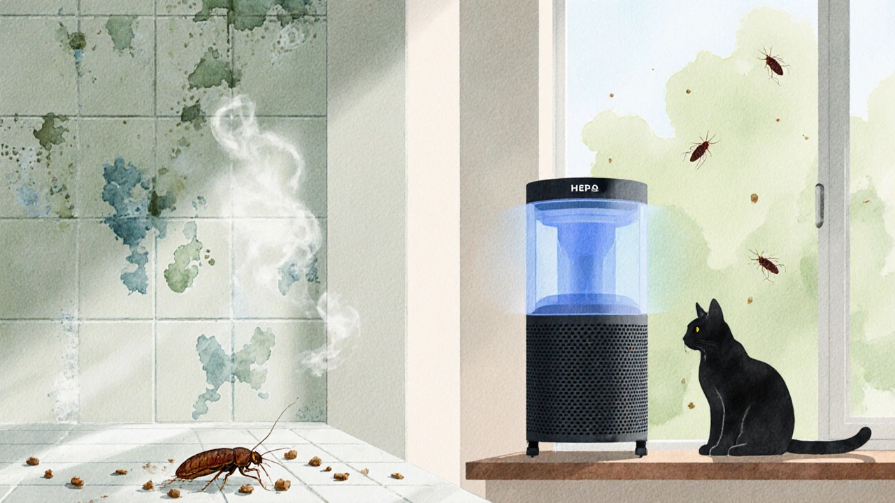 Illustration of bathroom mold, kitchen cockroach, pet dander, and HEPA purifier.