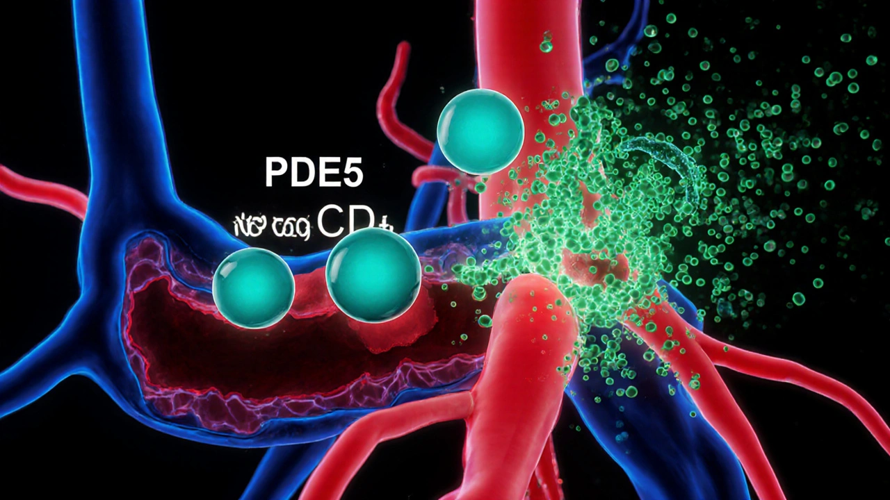 Illustration of blood vessels expanding as a sildenafil molecule blocks PDE5, with glowing cGMP.