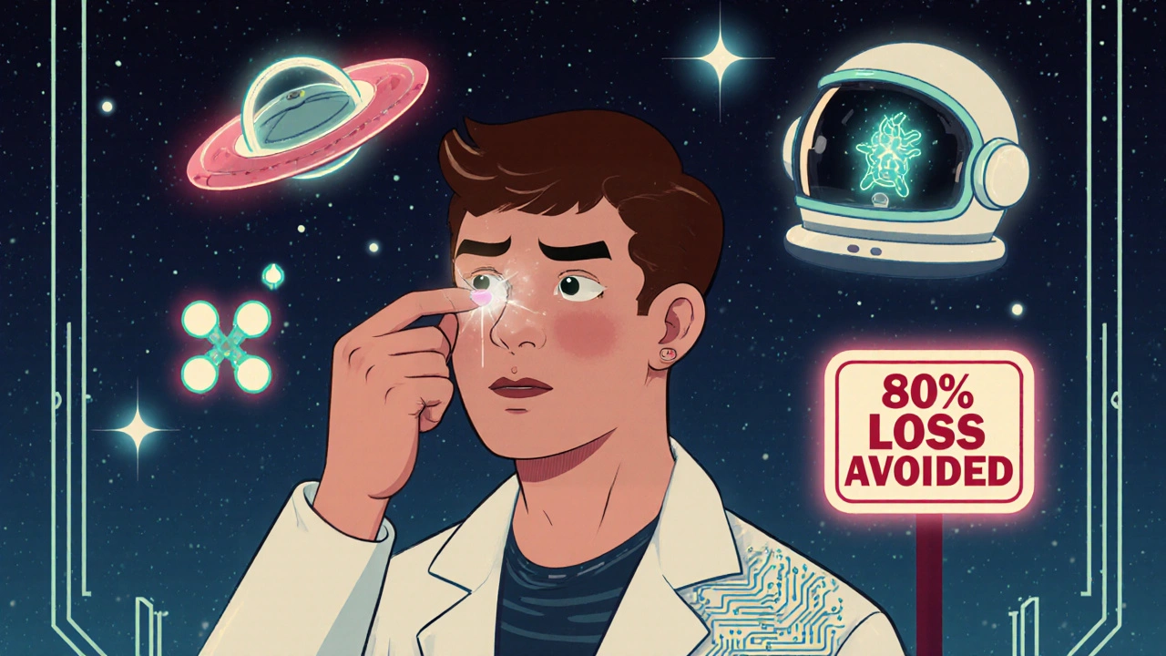 Individual pressing tear duct as glowing sci-fi icons show medication retention and reduced systemic absorption.