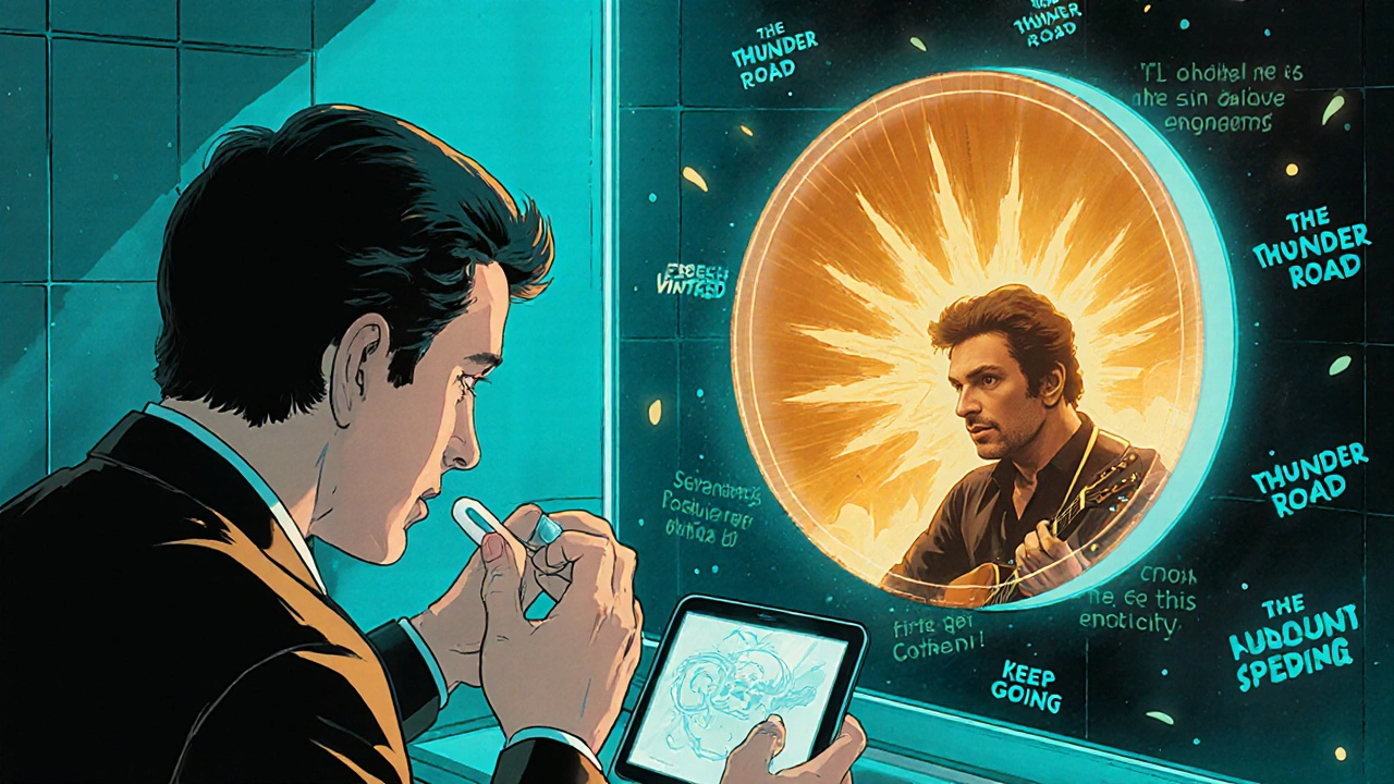 Man applying minoxidil in a futuristic bathroom with holographic hair transformations and Springsteen's image.