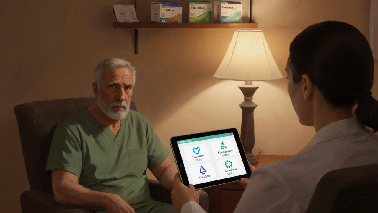 Patient and oncologist discuss treatment options in a warm consultation room.