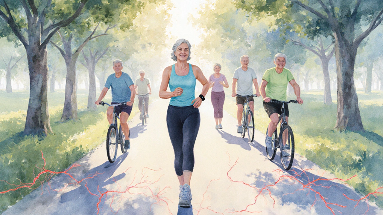 People walk and bike on a sunny park trail, illustrating moderate aerobic exercise.