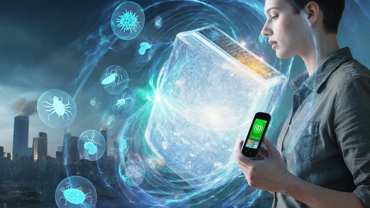 Person checking air‑quality monitor as swirling allergens are filtered.