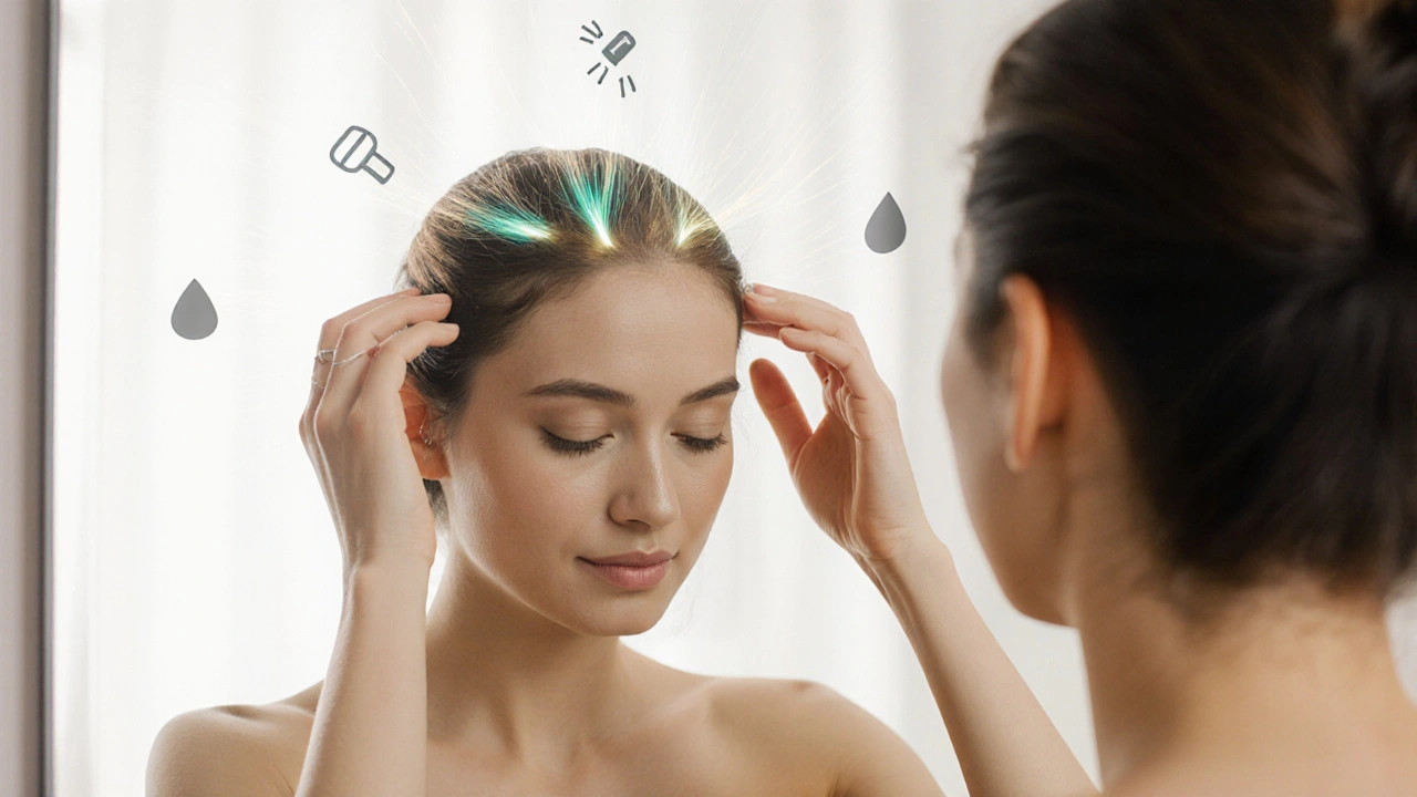 Person looks in mirror, glowing hair strands hint at regrowth.