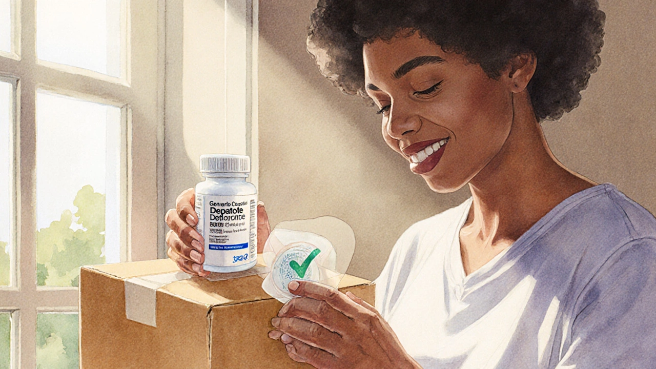 Person opening a package at home, checking generic Depakote pills with a sunny background.