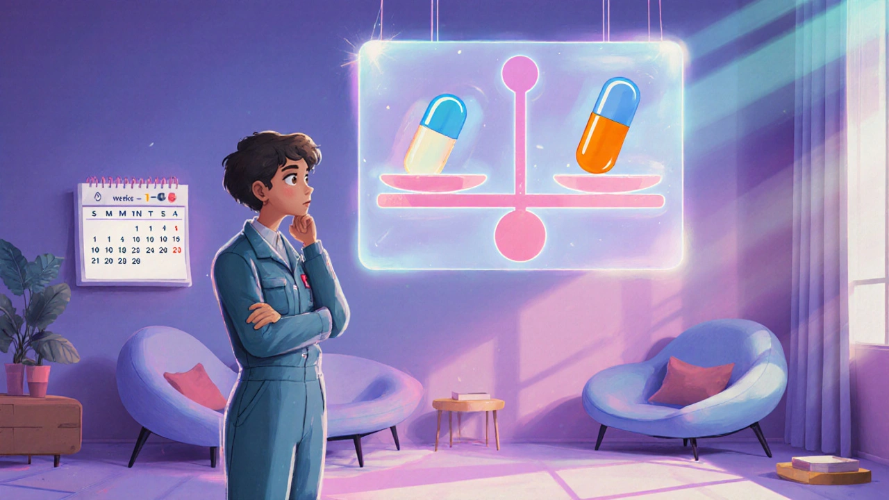 Person weighing glowing pill icons on a holographic scale in a pastel retro‑futuristic room.