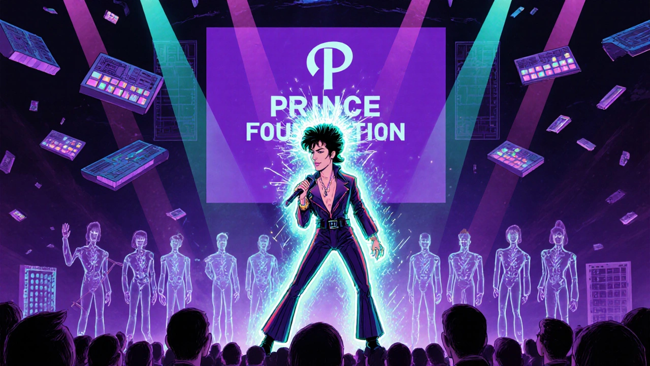 Retro-futuristic cartoon of Prince performing on stage with neon lights, symbolizing his resilience.