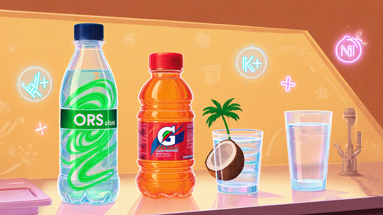 Retro futuristic kitchen displaying ORS, sports drink, coconut water, and water with floating electrolyte icons.