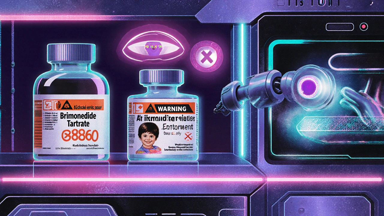 Retro-futuristic pharmacy shelf with glowing eye drop bottles, expiration warnings, and contact lens warning icon.