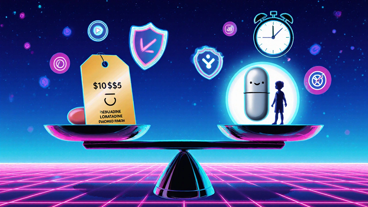 Retro‑futuristic scale comparing cost, strength, and safety of desloratadine and loratadine.