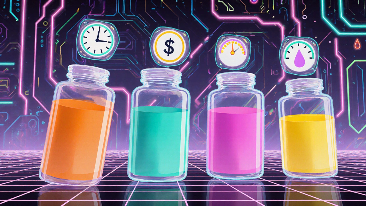 Row of colorful pill bottles with floating icons for dosage, cost, onset, and side effects on a neon console.