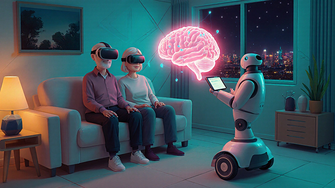 Senior couple using VR headset and robot delivering empagliflozin tablet in a retro‑futuristic living room.