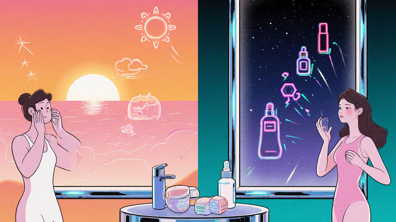 Split day/night bathroom scene showing vitamin C in the morning and azelaic acid routine at night.