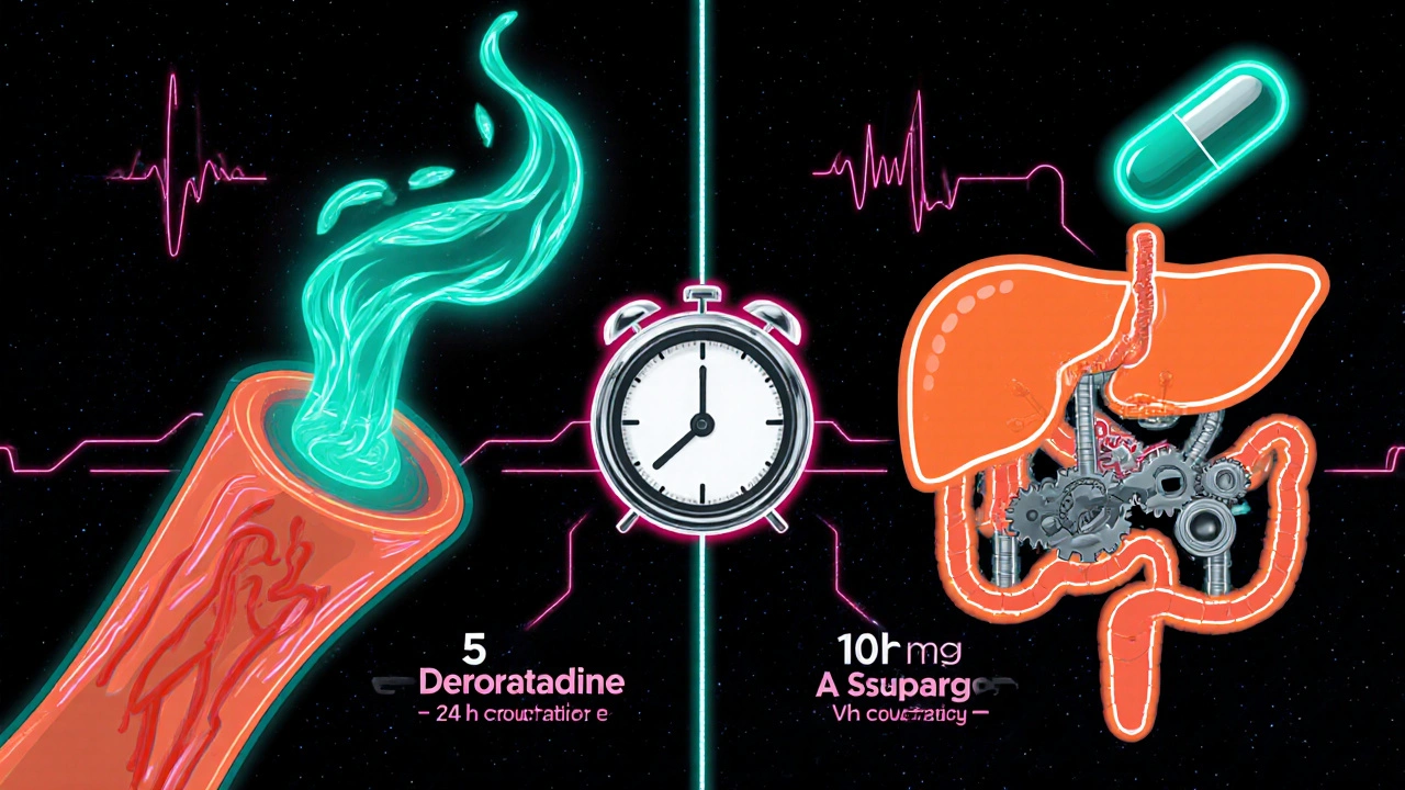 Split illustration of desloratadine entering blood directly and loratadine converting in the liver.