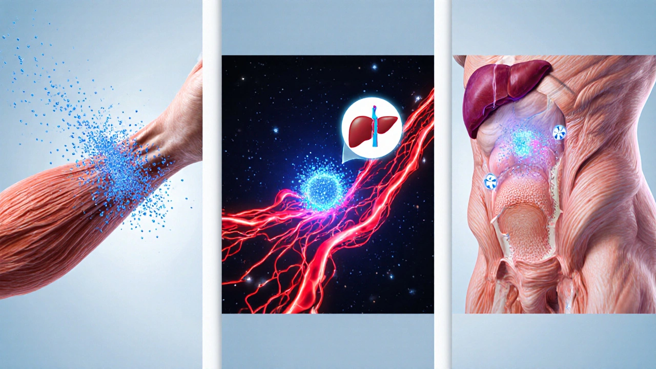 Three split scenes showing muscle releasing myokines, blood circulation clearing waste, and reduced belly fat.