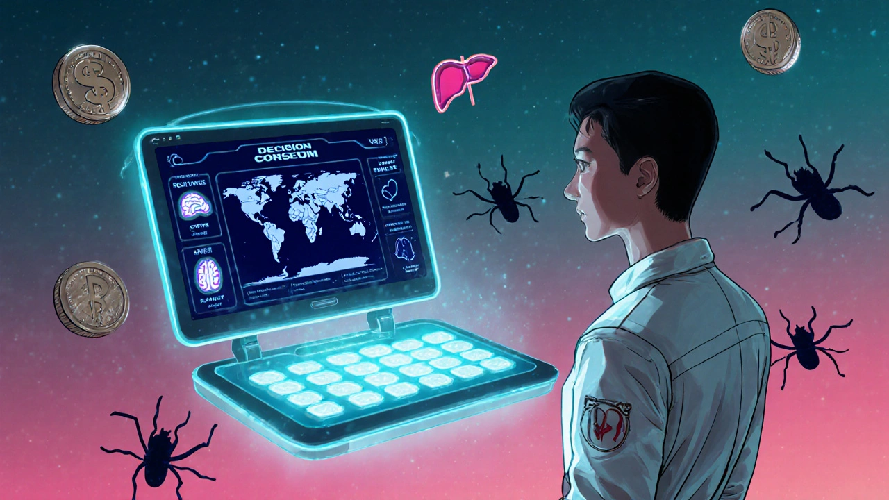 Traveler consulting a holographic console showing resistance, cost, and safety.