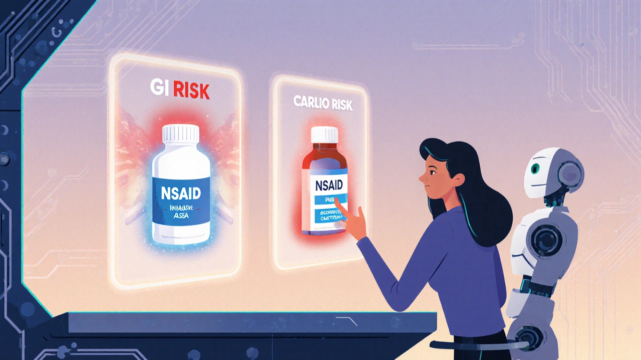 User at a futuristic console choosing an NSAID with holographic panels and an AI assistant.