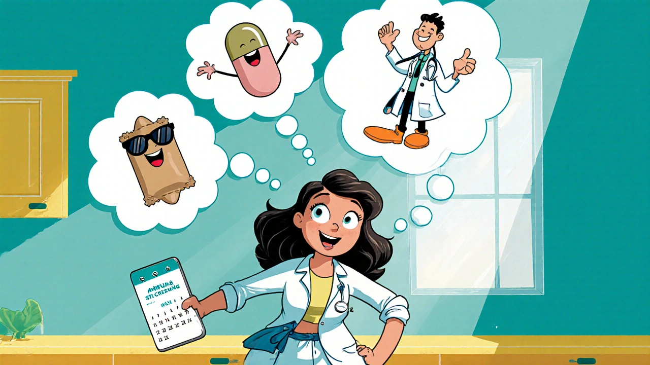 Woman with thought bubble showing condoms, probiotics, and doctor for PID prevention.