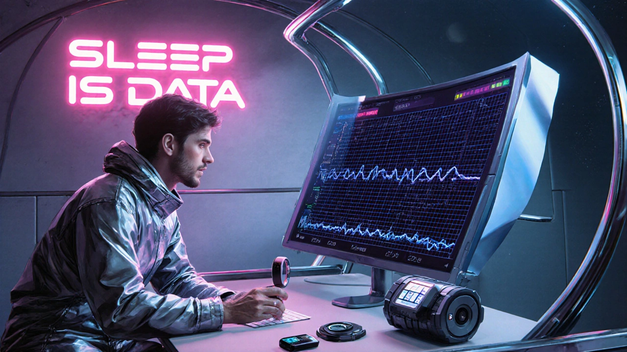 A 1980s-style clinical lab with futuristic devices and a doctor analyzing a giant sleep chart.