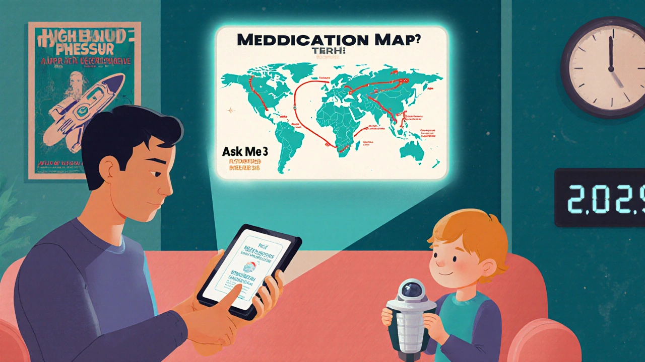 A family uses a holographic medication map to understand why they&#039;re taking their drugs, with a spaceship-shaped pill organizer in a cozy 1970s-futuristic home.