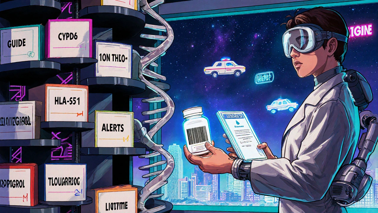 A futuristic medical library with DNA bookshelves and a holographic patient profile being reviewed.