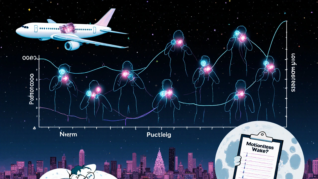 A jet flies through a starry sleep-cycle sky as passengers glow with wearable sleep data.