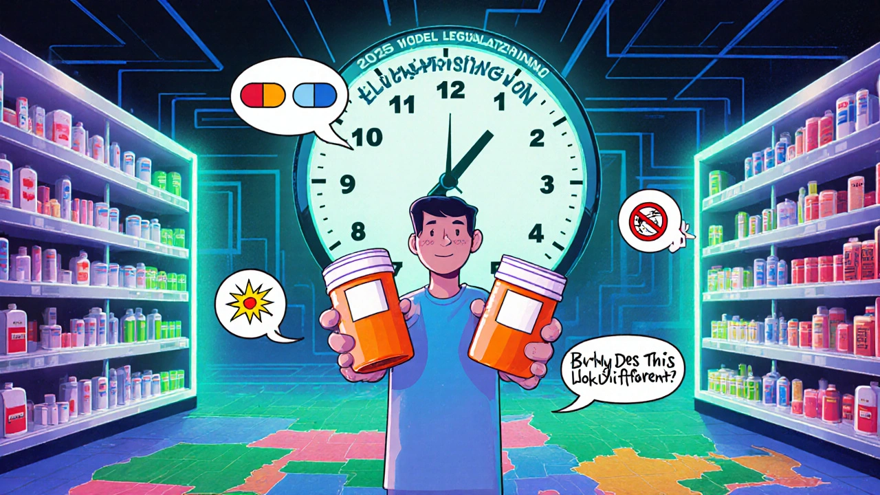 A patient holds two pills in a maze-like pharmacy, surrounded by icons representing simple and complex drug combinations under legal uncertainty.