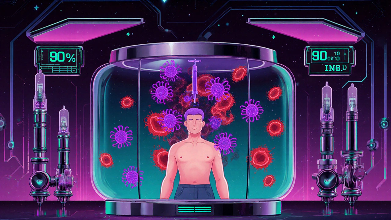 A patient in a medical pod as anti-IL-5 molecules dissolve eosinophils with glowing data readouts.