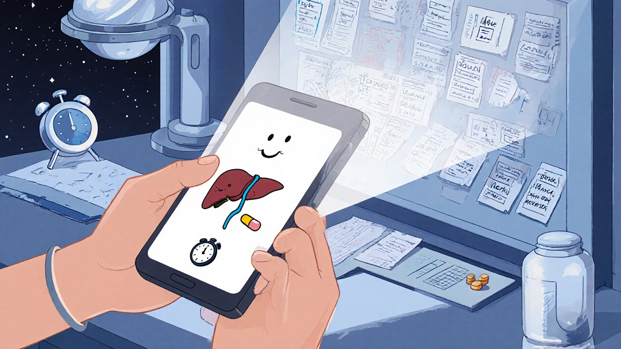 A person uses a smartphone to project a friendly animated guide for taking medicine, while outdated prescription notes fade away.