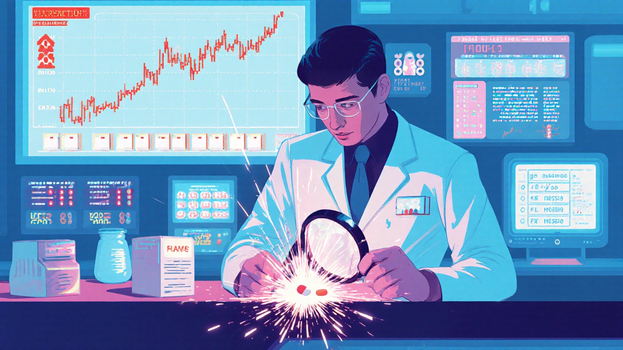 A pharmacist examining a dissolving pill under a holographic alert system with glowing CRT monitors in the background.
